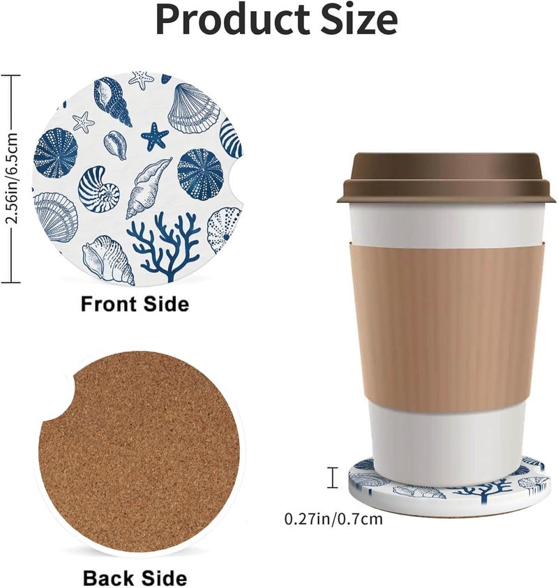 CTVSLFU Absorbent Car Coasters for Cup Holders, 2 Pack Universal Anti Slip Ceramic Cup Coaster for Women Men 2.56 Inch Car Interior Accessories - Blue Sea Shell 013 - Image 3